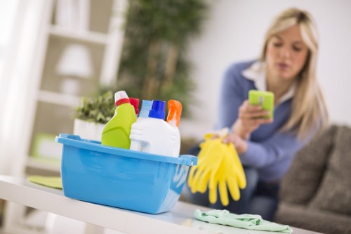 Professional carpet cleaner using protective equipment
