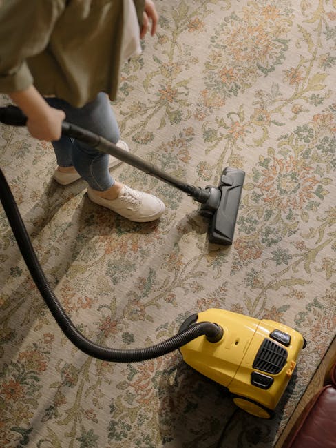 A handheld vacuum cleaner with a red and black design resting on a patterned Oriental-style carpet in a residential room. The carpet features intricate geometric and floral motifs in warm tones of red, orange, and beige. The setting includes a light-colored curtain draped behind the carpet and part of a wooden furniture piece visible nearby. The area appears clean, with no visible dust or debris, indicating a recent surface cleaning or deep cleaning process carried out by Carpet Cleaning SW15. The lighting is natural, highlighting the texture of the carpet and the surface cleanliness, emphasizing professional domestic cleaning and carpet sanitisation.